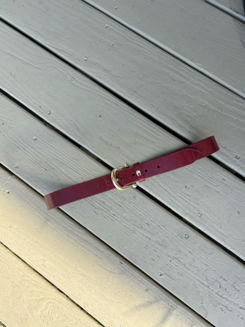 ETIENNE AIGNER Burgundy 1” Width Leather Belt with Gold Buckle, Size: M 30-34
